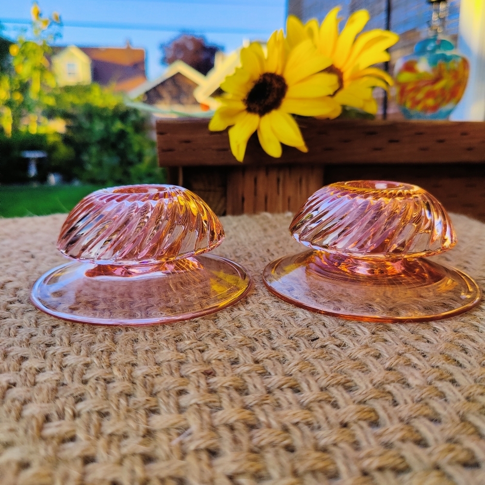 RARE Heisey Pinwheel Taper Candle Holders Flamingo Pink Depression Glass